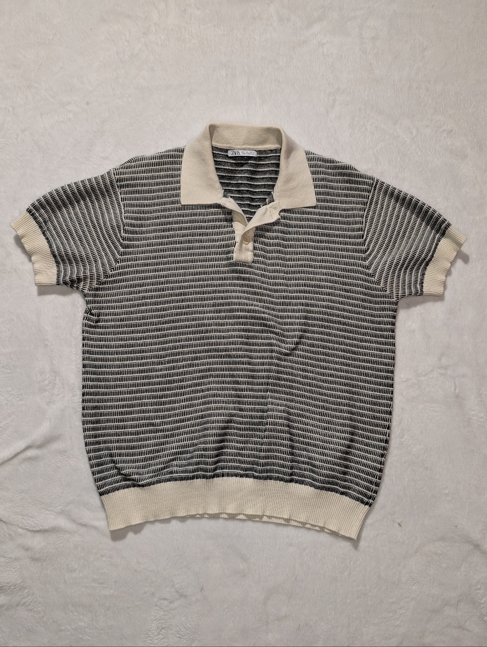 Zara Mens Polo Shirt sweater L Striped Jacquard Knit Short Sleeve NW0T
